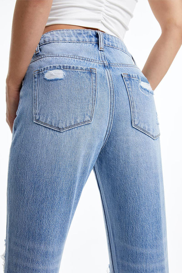 Lace-Ripped Knee Cropped Jeans-Straight-BAYEAS