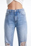 Lace-Ripped Knee Cropped Jeans-Straight-BAYEAS