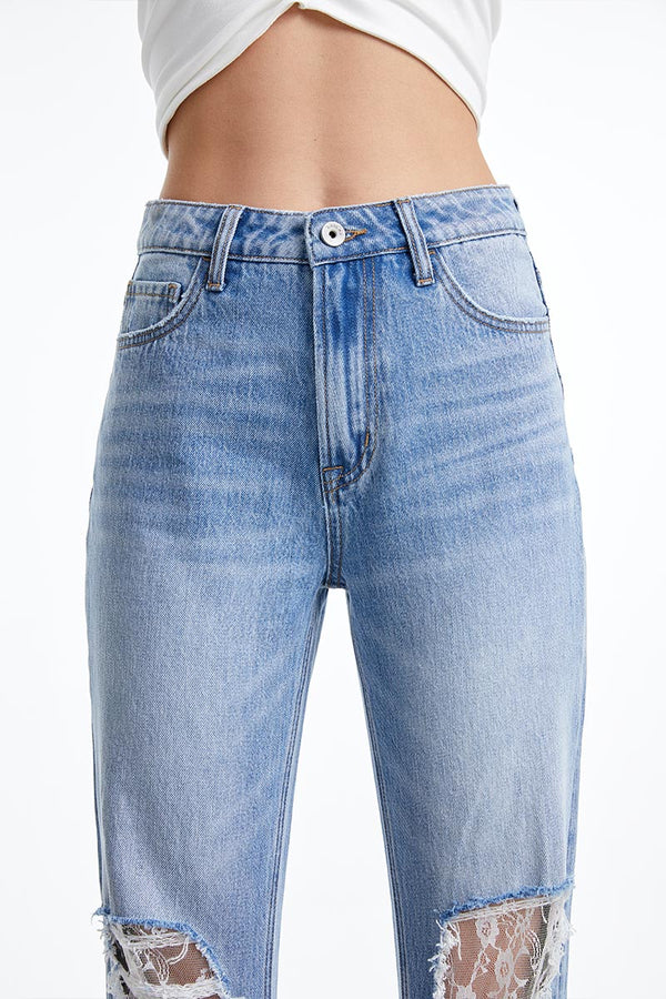 Lace-Ripped Knee Cropped Jeans-Straight-BAYEAS