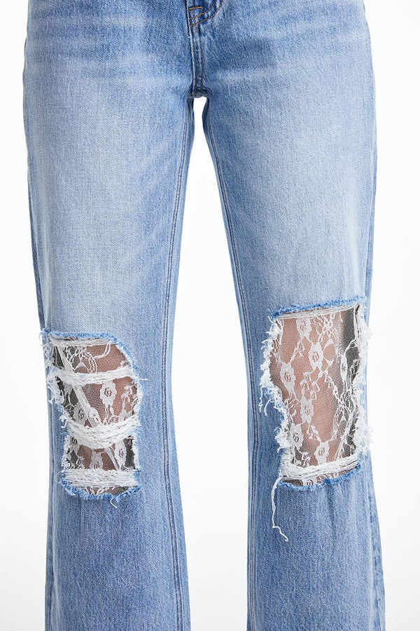 Lace-Ripped Knee Cropped Jeans-Straight-BAYEAS