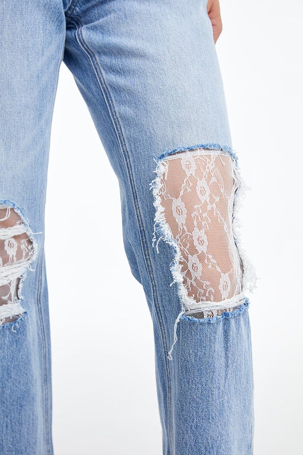 Lace-Ripped Knee Cropped Jeans-Straight-BAYEAS