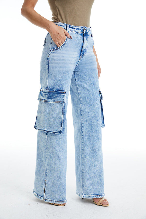 High Rise Wide Leg Cargo Jeans-Wide Leg-BAYEAS