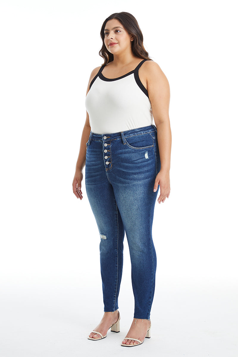 HIGH RISE BUTTON FLY SKINNY DENIM JEANS PLUS SIZE
