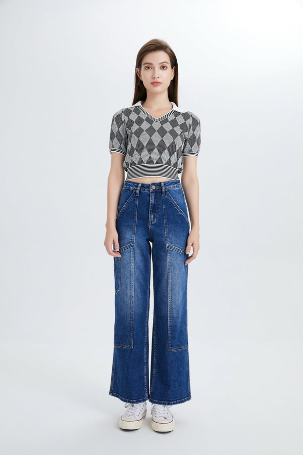 High Rise Wide Leg Crop Denim Jeans-Wide Leg-BAYEAS