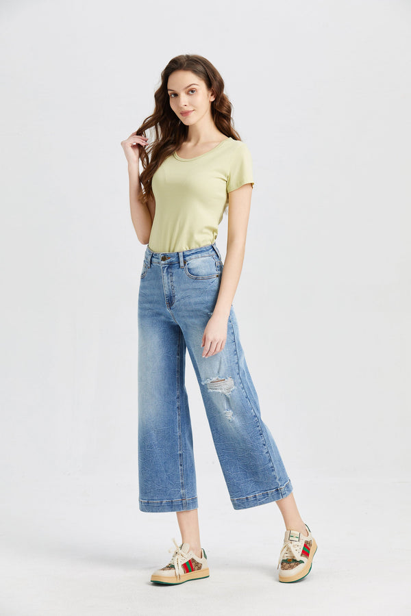 Mid Rise Wide Leg Crop Flare Jeans-Wide Leg-BAYEAS