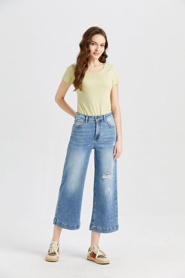 Mid Rise Wide Leg Crop Flare Jeans-Wide Leg-BAYEAS