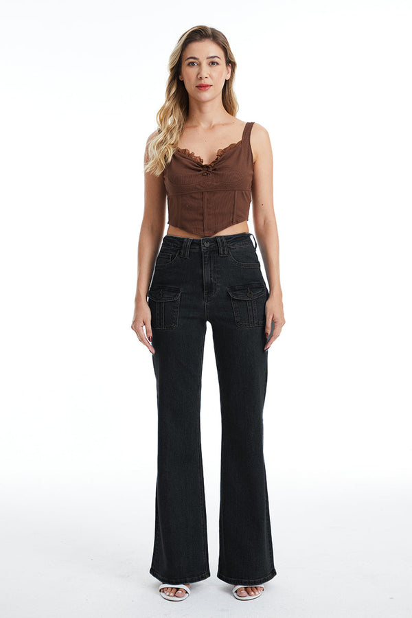 Front Cargo Pockets Flare Jeans-Flare & Bootcut-BAYEAS