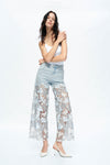 Embroidery High Rise Wide Leg Lace Denim Jeans With Rhinestone (最新版备份)-Wide Leg-BAYEAS