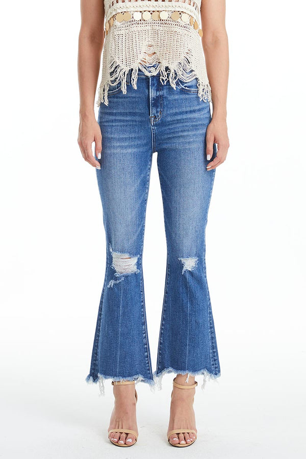 High Rise Flare Jeans With Frayed Hem-Flare & Bootcut-BAYEAS