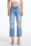 Lace-Ripped Knee Cropped Jeans-Straight-BAYEAS