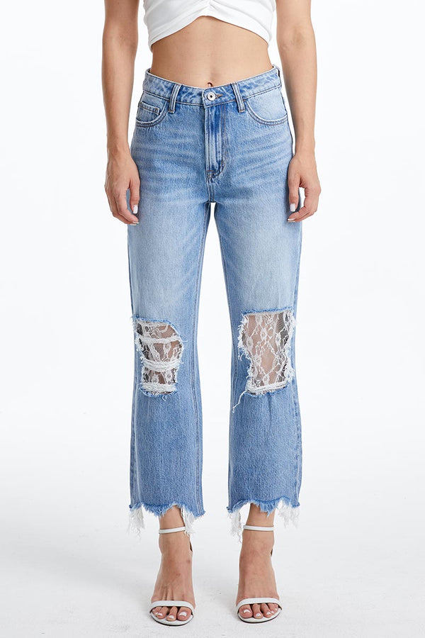 Lace-Ripped Knee Cropped Jeans-Straight-BAYEAS