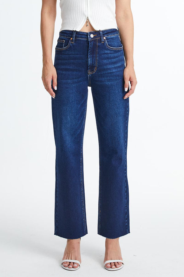 High Rise Straight Raw Hem Jeans-Straight-BAYEAS