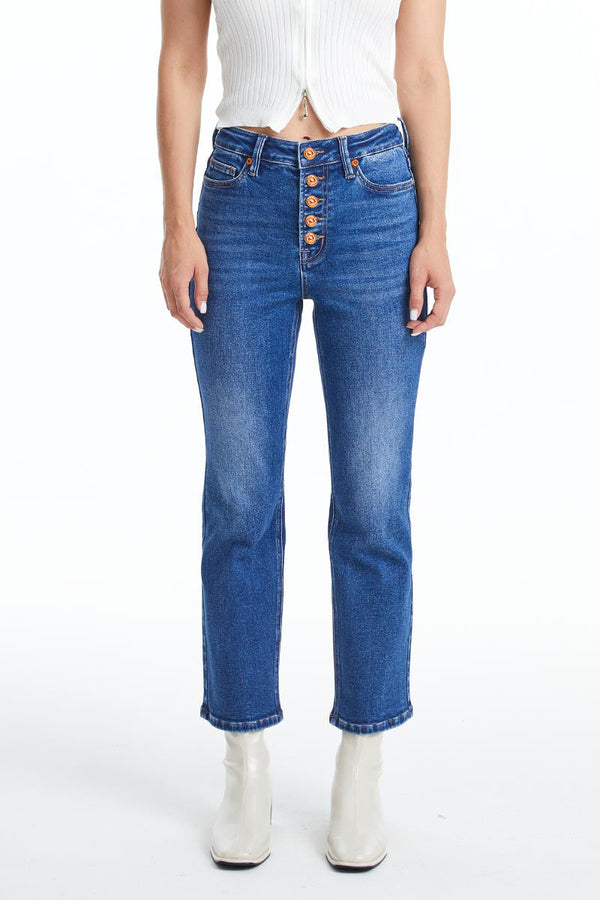 High Rise Button Fly Straight Jeans-Straight-BAYEAS