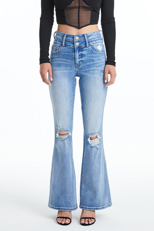 High Rise Distressed Flare Jeans-Flare & Bootcut-BAYEAS