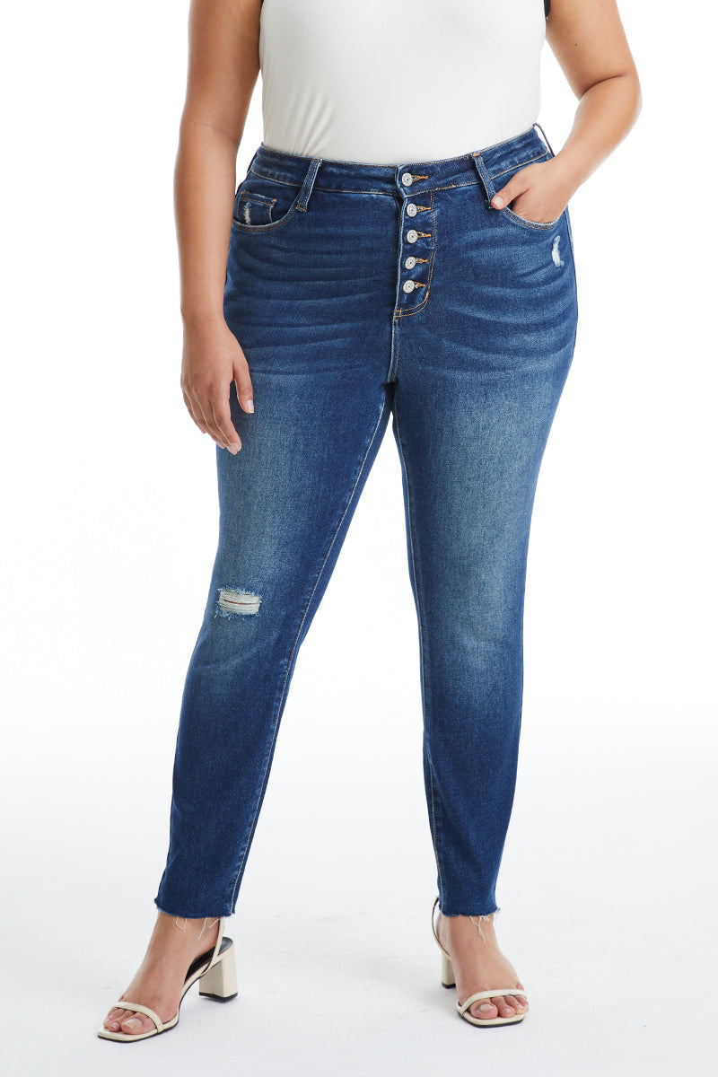 HIGH RISE BUTTON FLY SKINNY DENIM JEANS PLUS SIZE