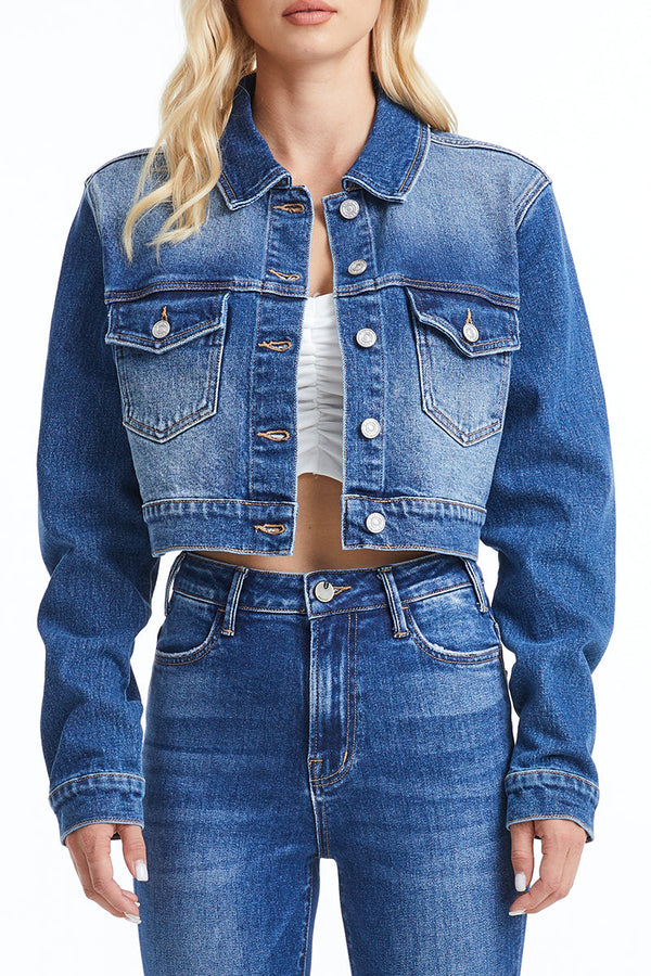 Long Sleeve Cropped Denim Jacket-Jackets-BAYEAS