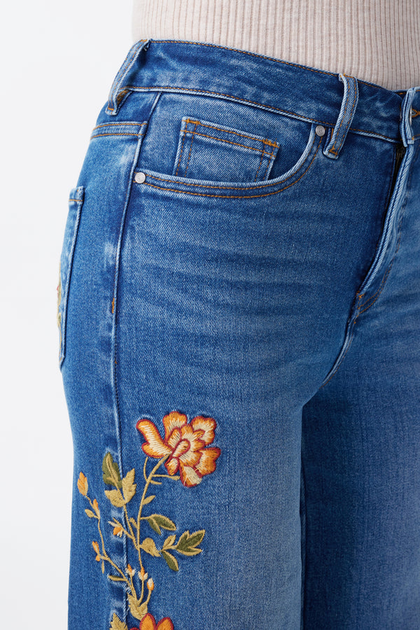 New York High Rise Embroidered Wide Leg Jeans