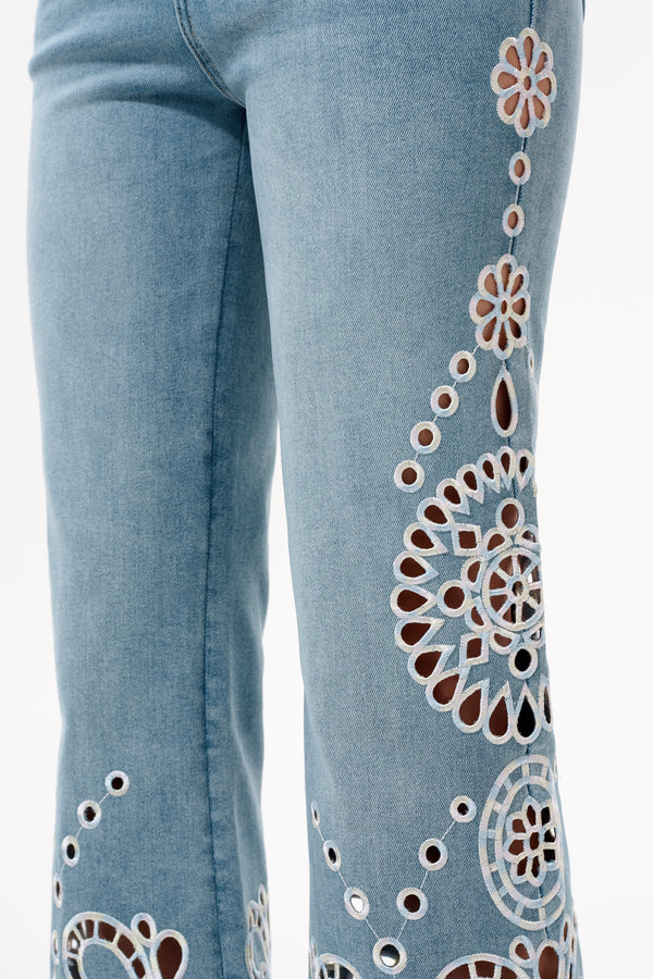 High Rise Embroidered Lace Flare Jeans