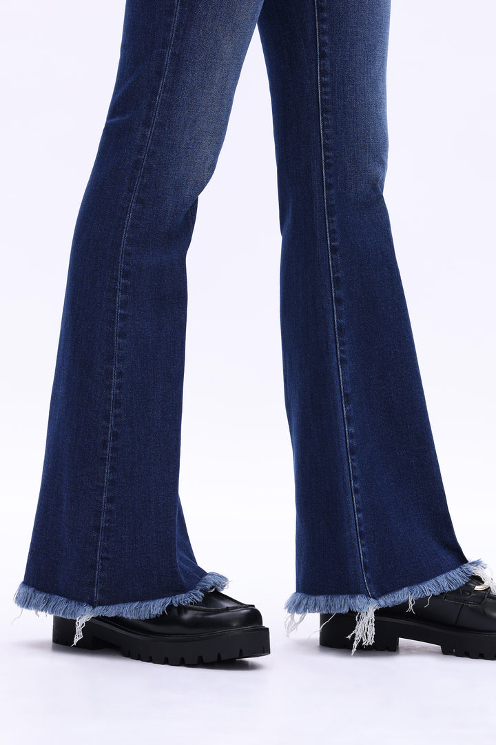 High Rise Flare Denim Jeans With Frayed Hem