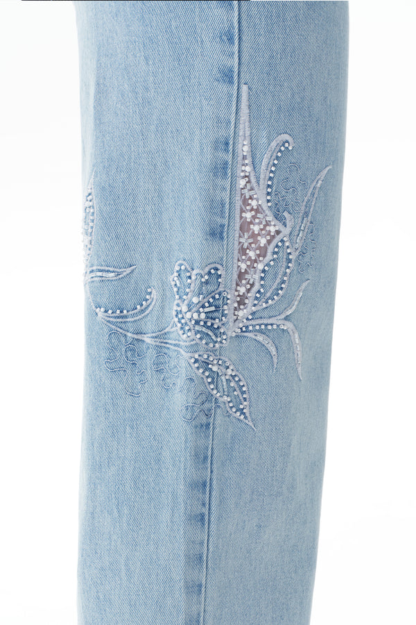 High Rise Ankle Embroidered Straight Leg Jeans