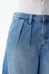 High Rise Pleated Denim Bermuda Shorts