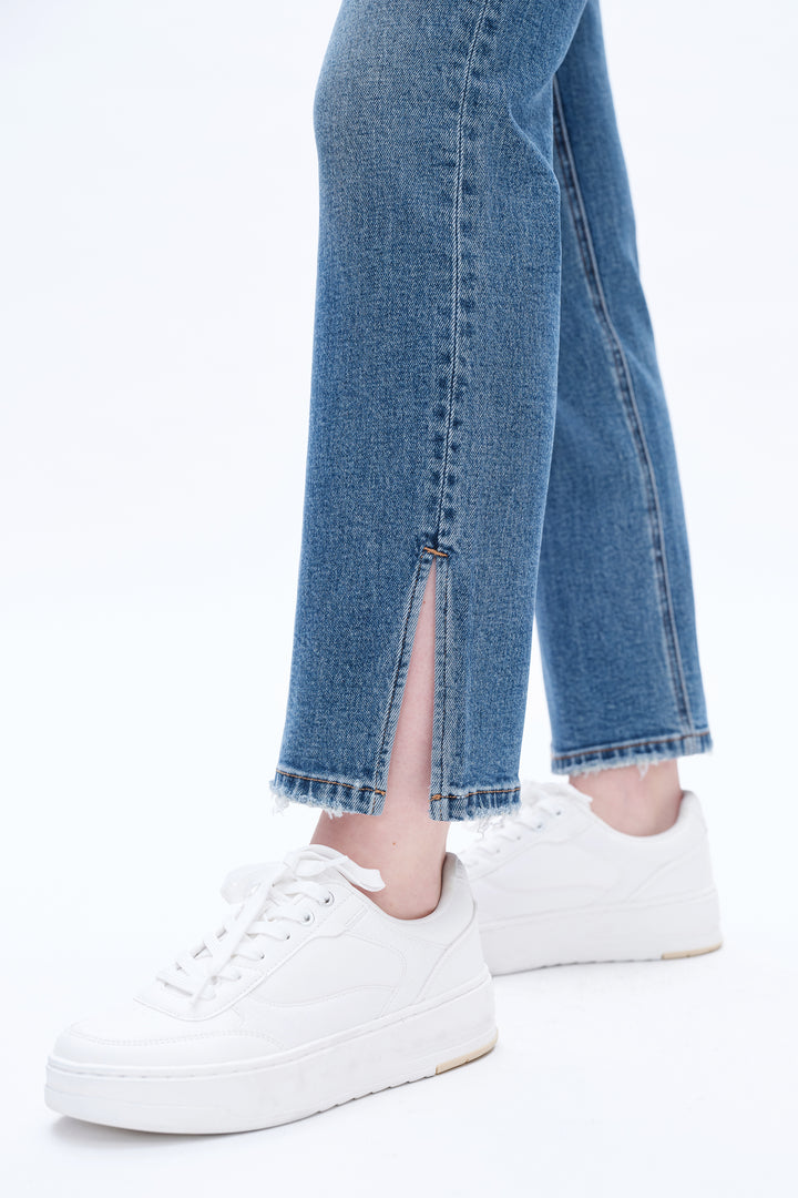 High Rise Straight Denim Jeans With Slit