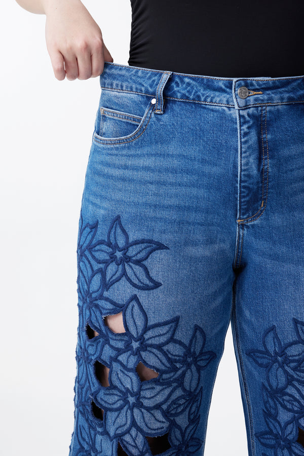 High Rise Embroidered Lace Wide Leg Jeans