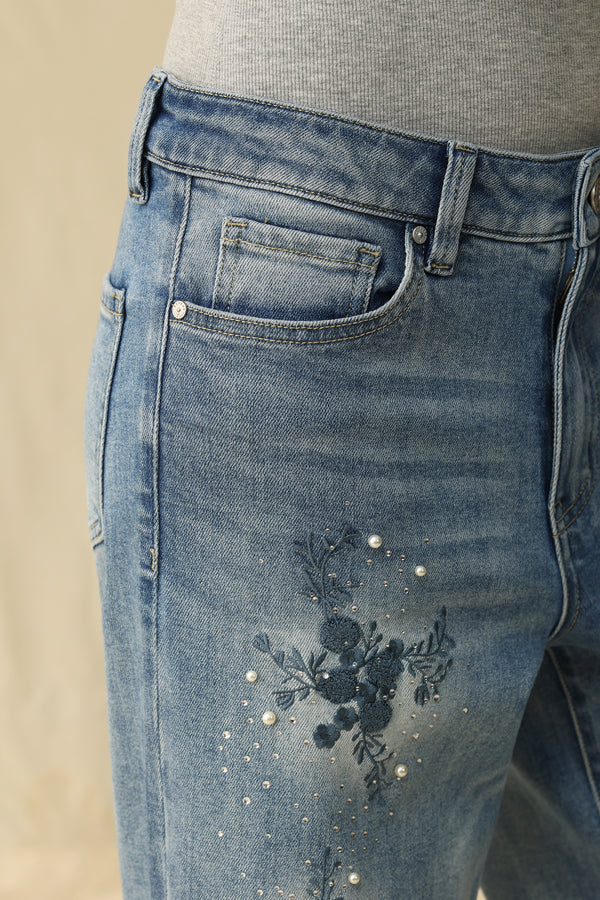 Rhinestone Embroidery Wide Leg Jeans