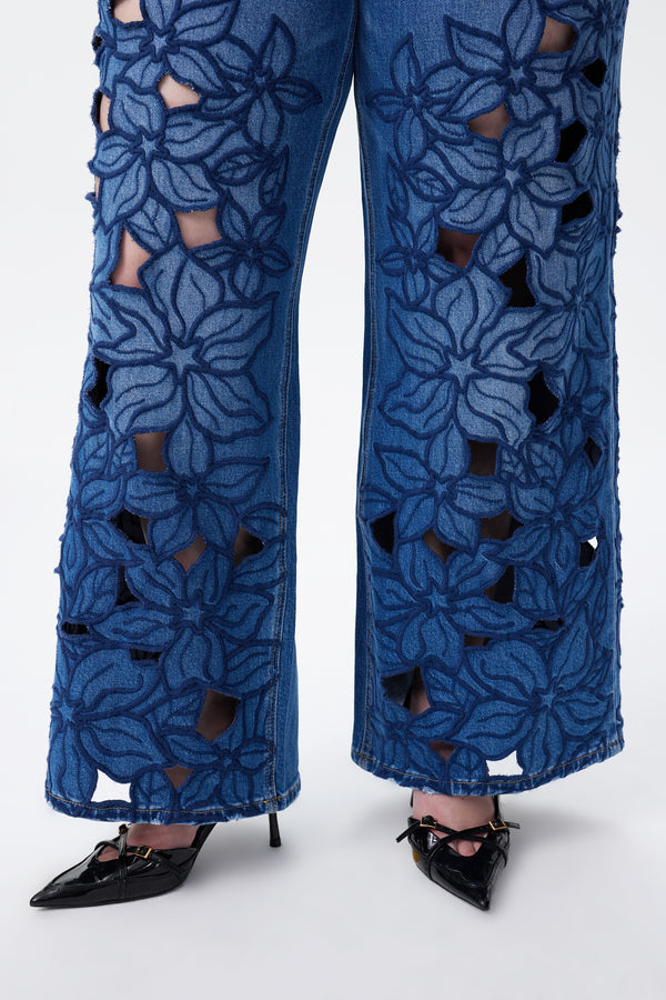 High Rise Embroidered Lace Wide Leg Jeans