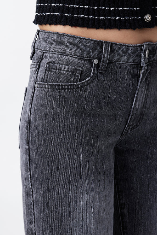 Mid Rise Textured Stripe Wide Leg Jeans