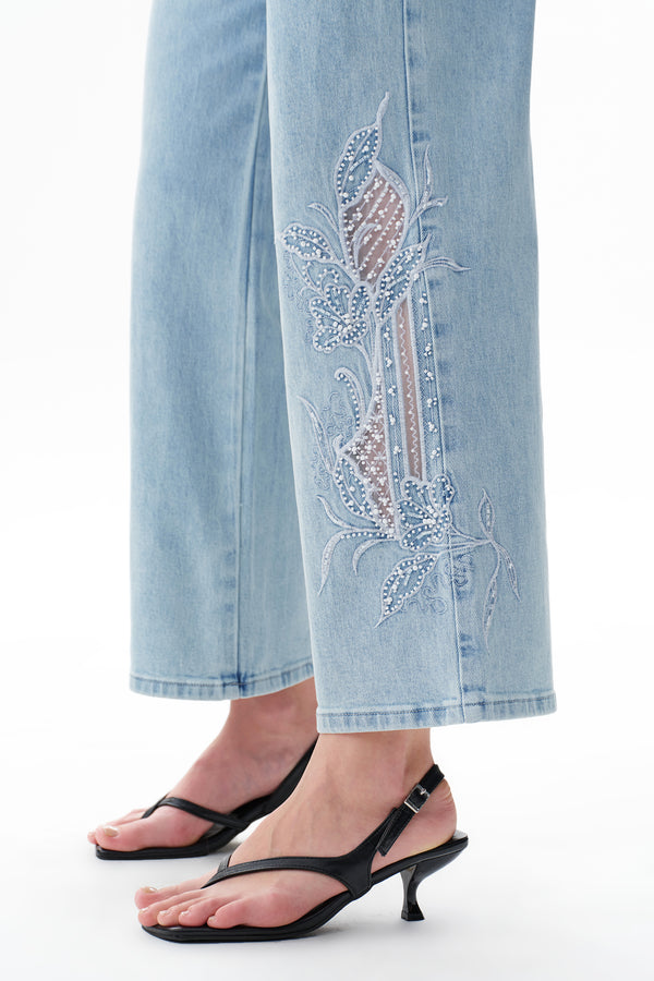 High Rise Ankle Embroidered Straight Leg Jeans
