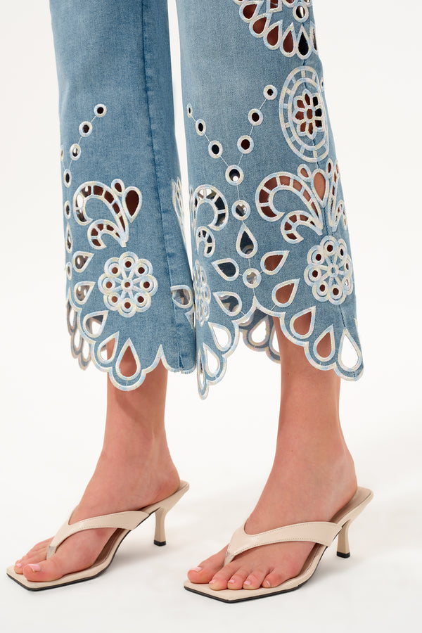 High Rise Embroidered Lace Flare Jeans