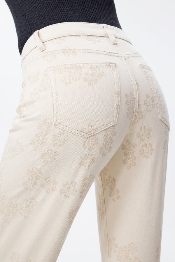 Mid Rise Textured Floral Wide Leg Jeans