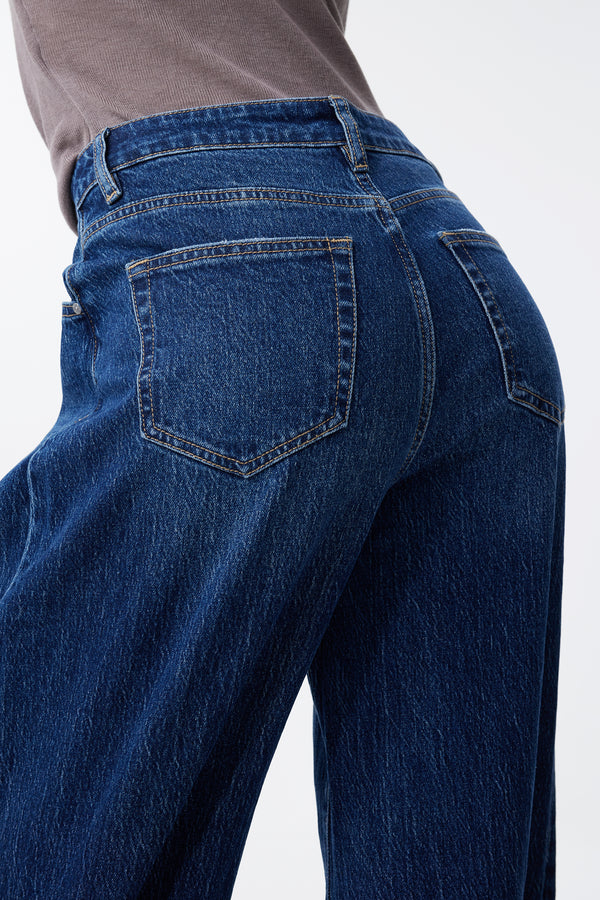 Mid Rise Deep Indigo Barrel Jeans