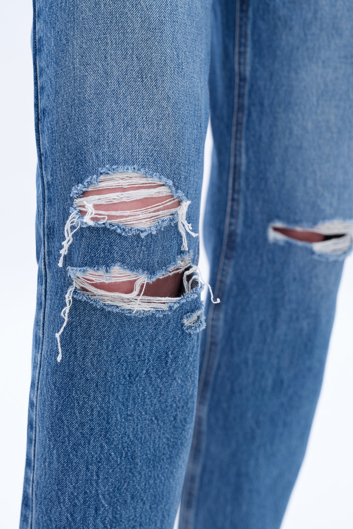 High Rise Distressed Mom Denim Jeans With Slit