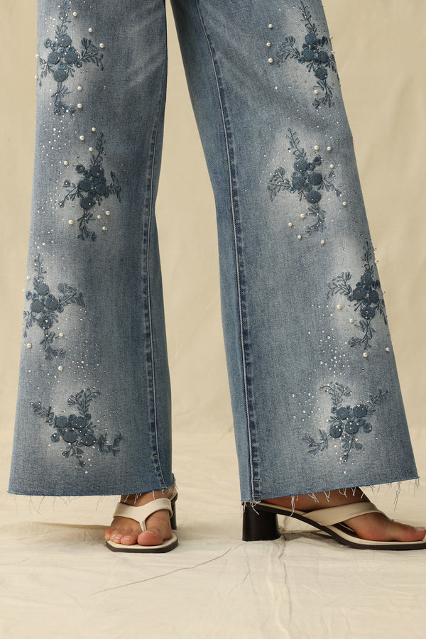 Rhinestone Embroidery Wide Leg Jeans