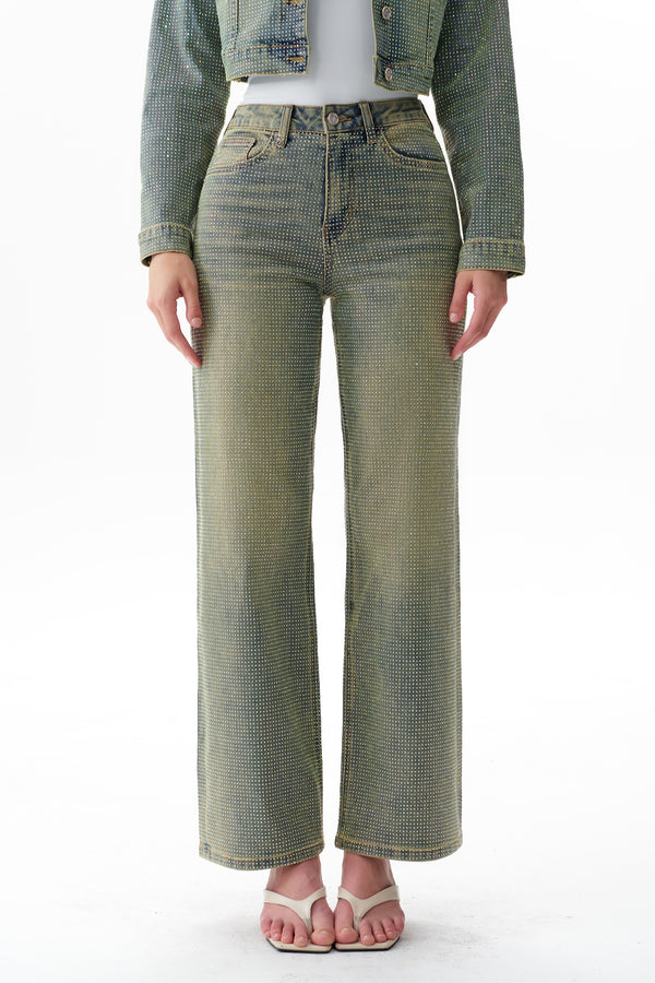 Statement High Rise Rhinestone Wide Leg Jeans