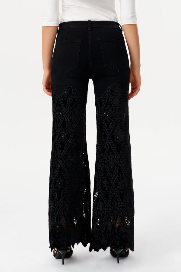 High Rise Lace Rhinestone Wide Leg Jeans