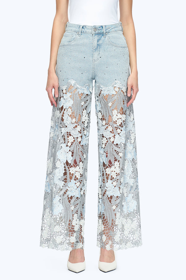 Embroidery Wide Leg Lace Jeans With Rhinestone