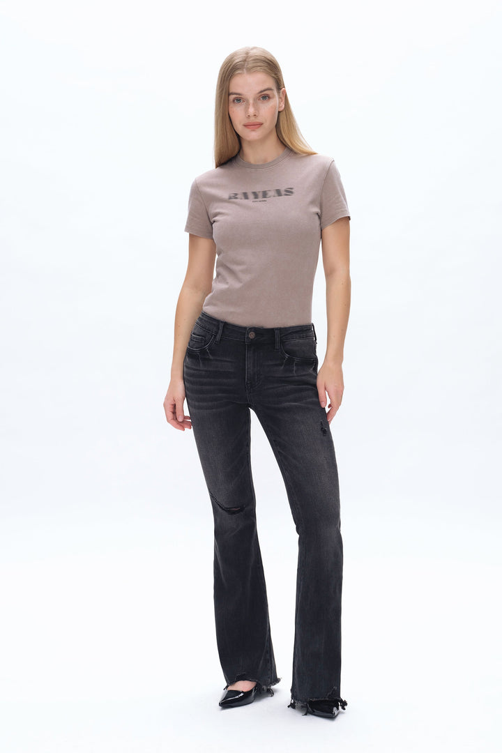 Mid Rise Flare Denim Jeans With Raw Edge Hem