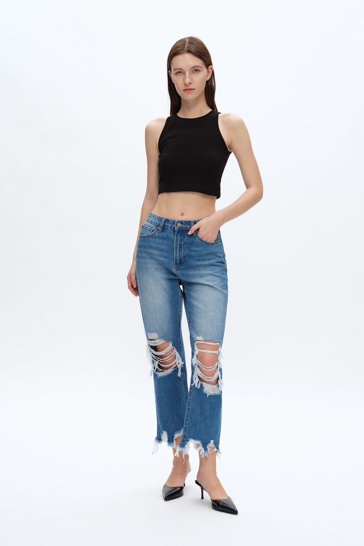 Yoyo High Rise Distressed Cropped Straight Jeans