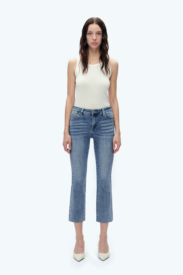 Mid Rise Cropped Raw Hem Straight Leg Jeans