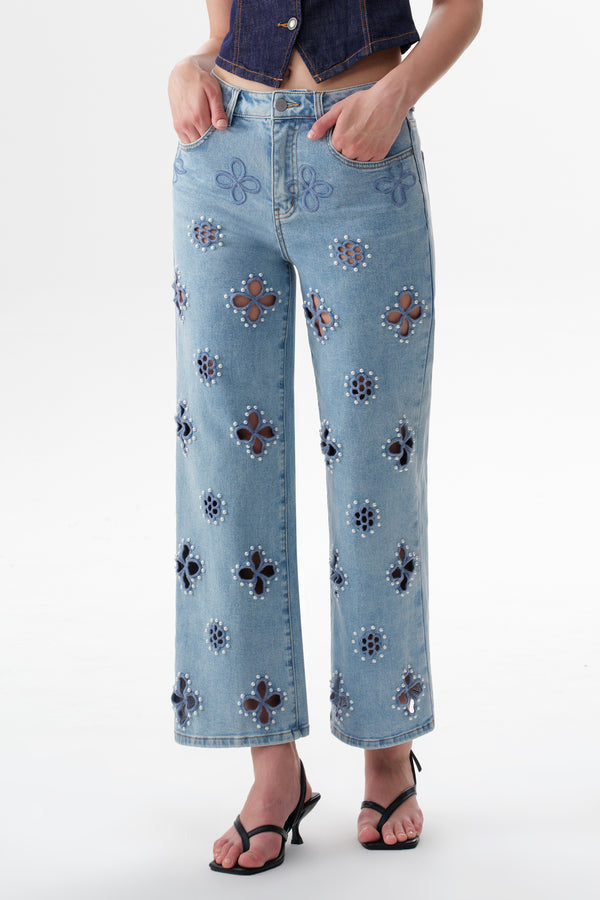 High Rise Floral Embroidered Straight Leg Jeans
