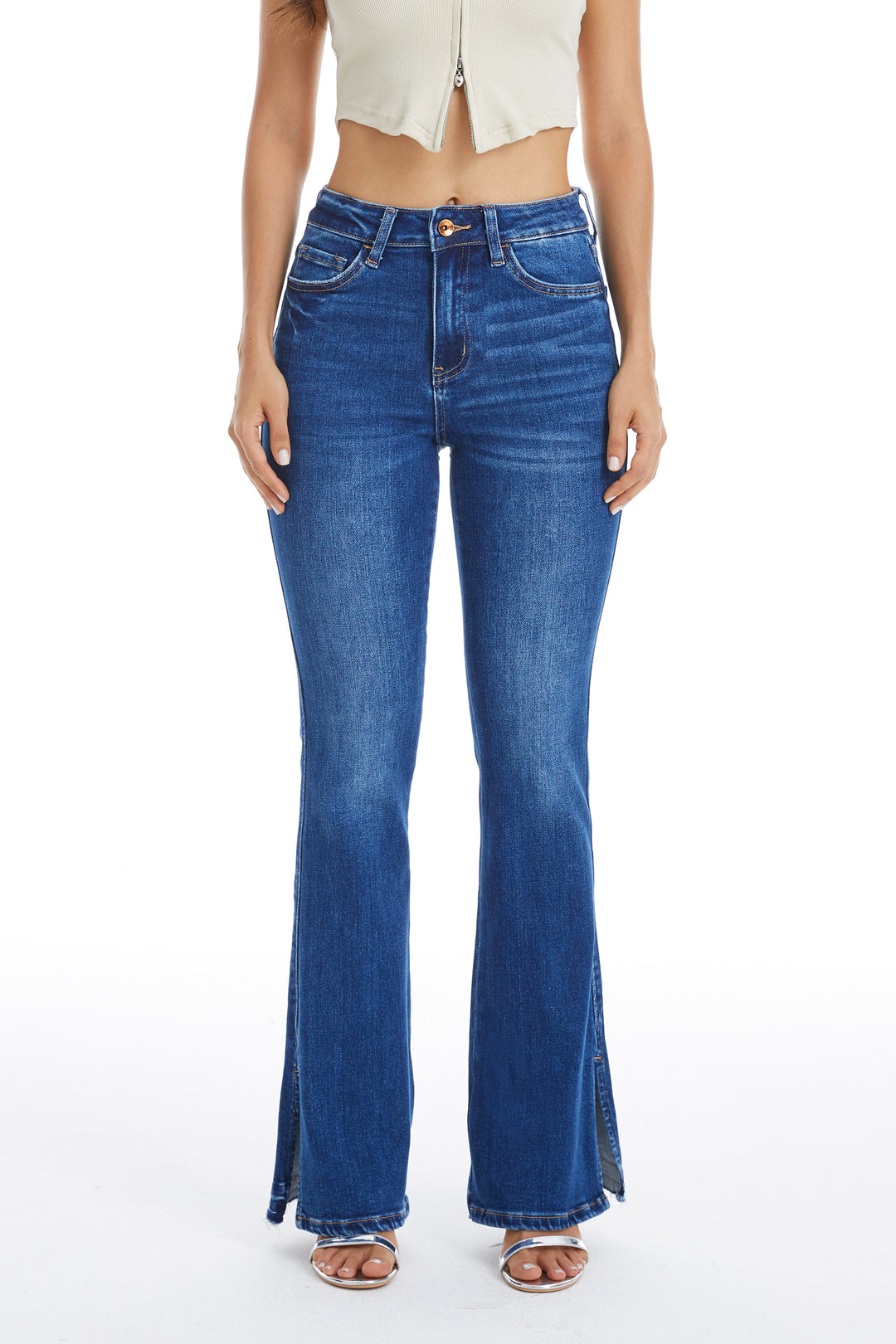 HIGH RISE FLARE DENIM JEANS WITH SLIT HEM