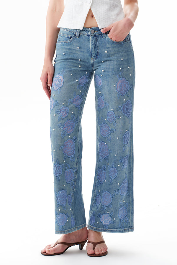 Chic Mid Rise Pearl Embellished Wide Leg Jeans