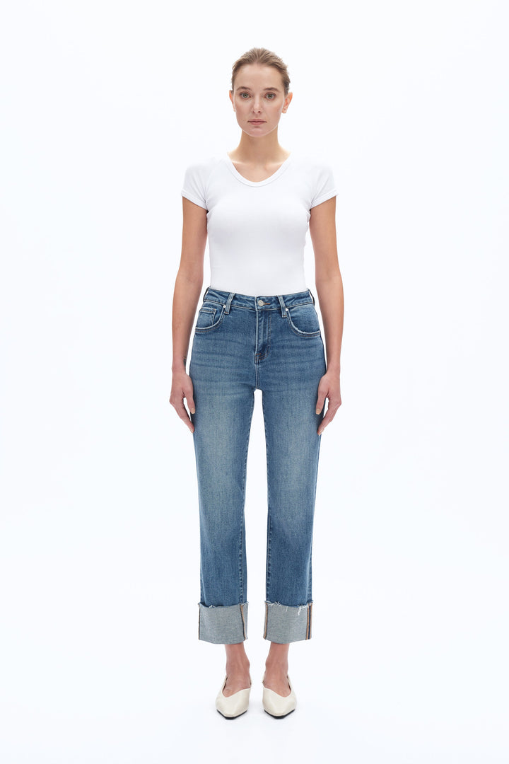 High Rise Straight Leg Denim Jeans With Rolled Hem