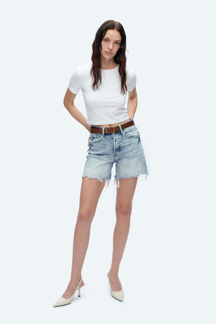 BELLA HIGH RISE BUTTON FLY DISTRESSED DENIM SHORTS