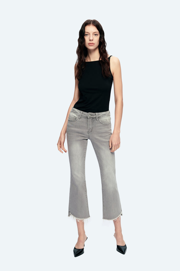 HIGH RISE STRAIGHT ANKLE DENIM JEANS WITH RAW EDGE