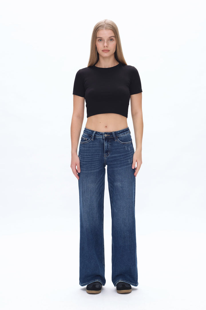 Low Cut Wide Leg Crop Straight Denim Jeans