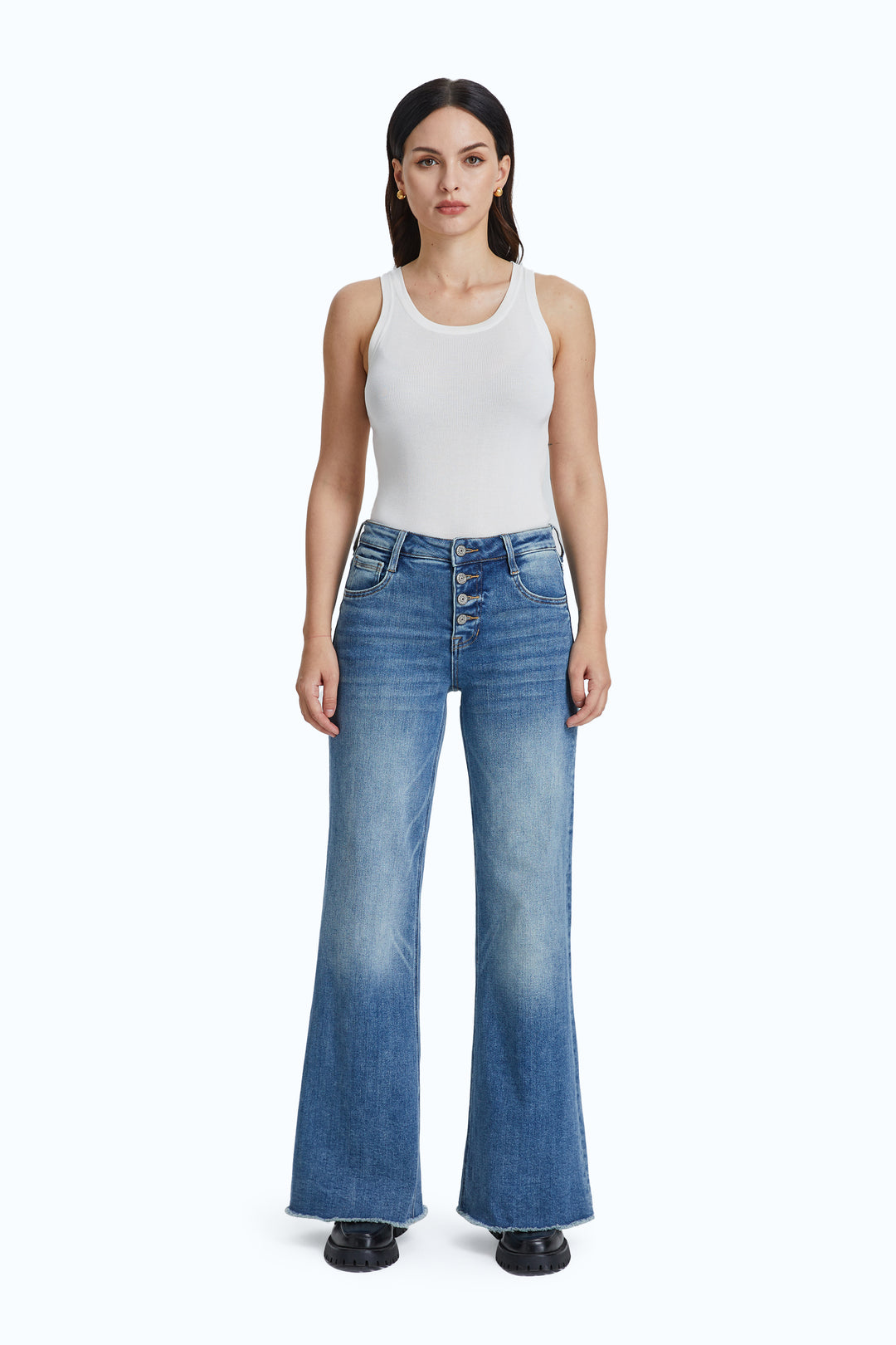 High Rise Wide Leg Denim Jeans With Frayed Hem